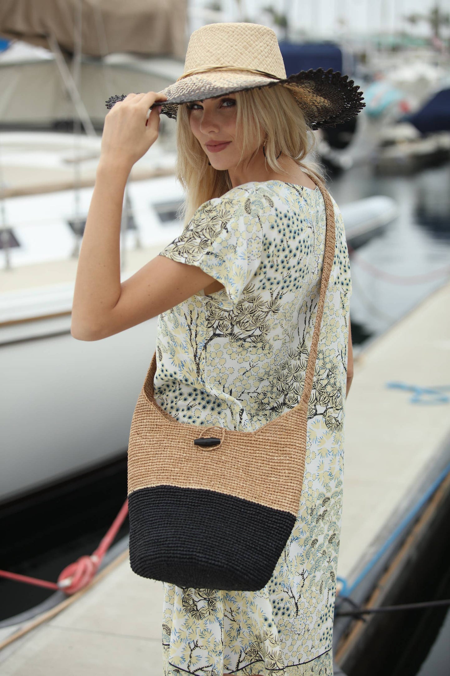 ConCon Two Tone Crochet Straw Crossbody Bag - Packs Flat