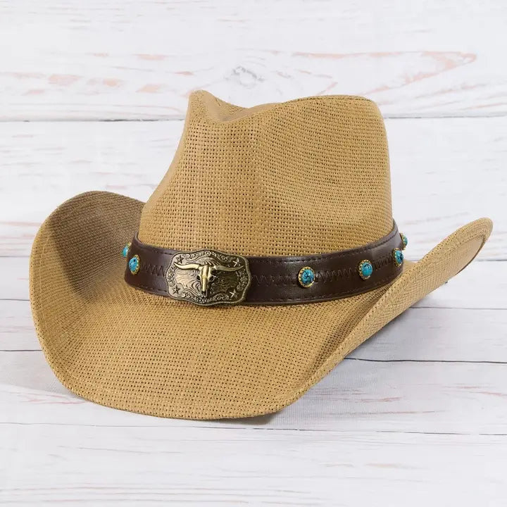 Western Longhorn Strap Turquoise Accent Cowboy Hat | Tan