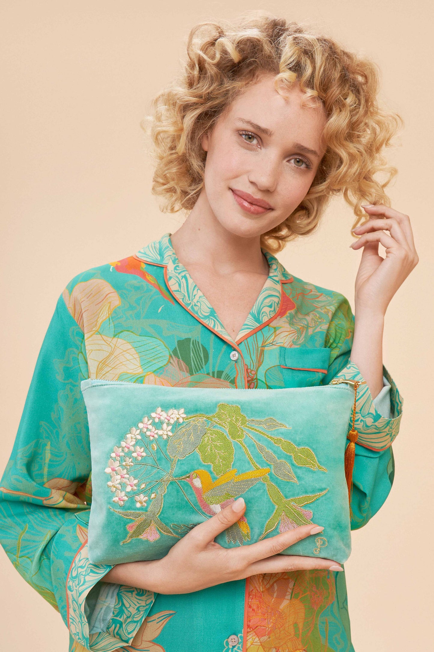 Velvet Embroidered Zip Pouch | Hummingbird