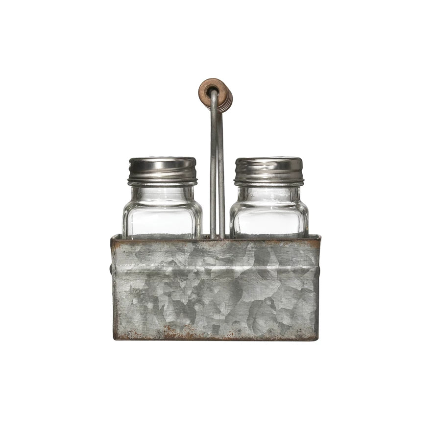 Salt and Pepper Shakers in Metal Caddy