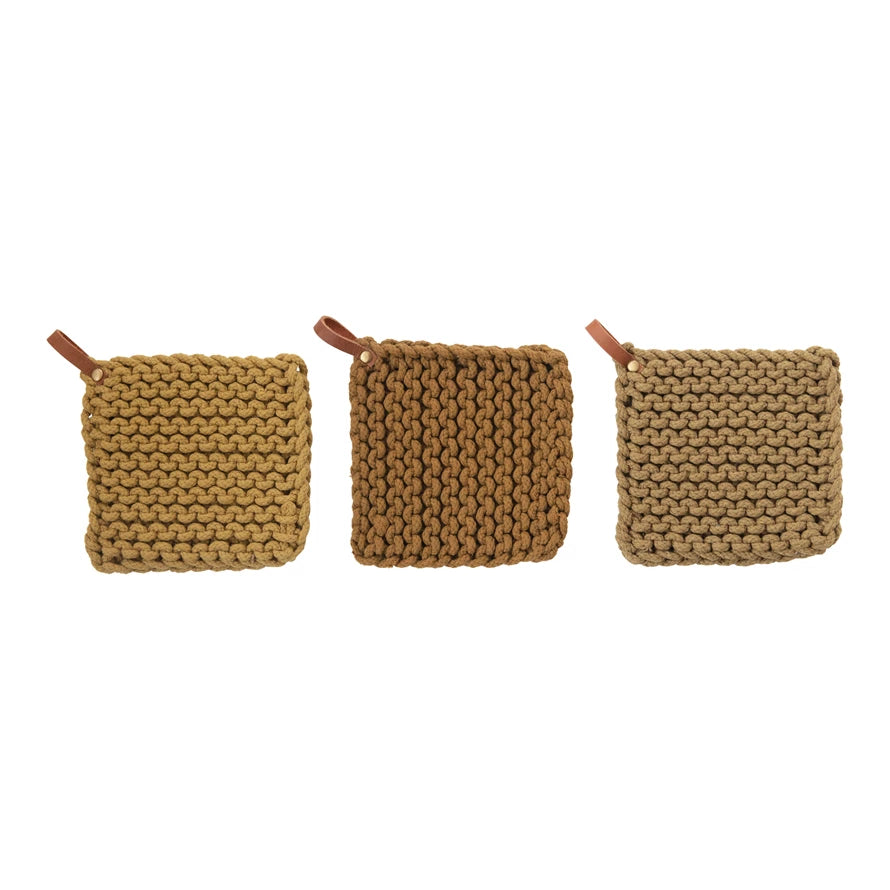 Cotton Crocheted Pot Holder with Leather Loop