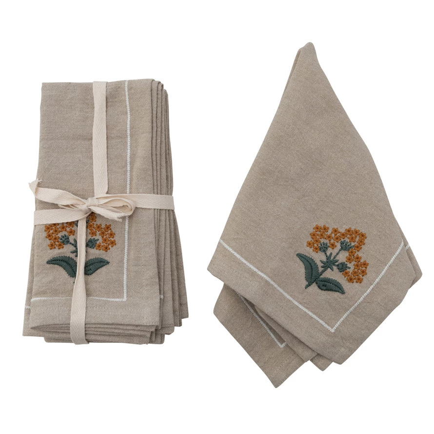 Cotton Napkins with Floral Embroidery & French Knots