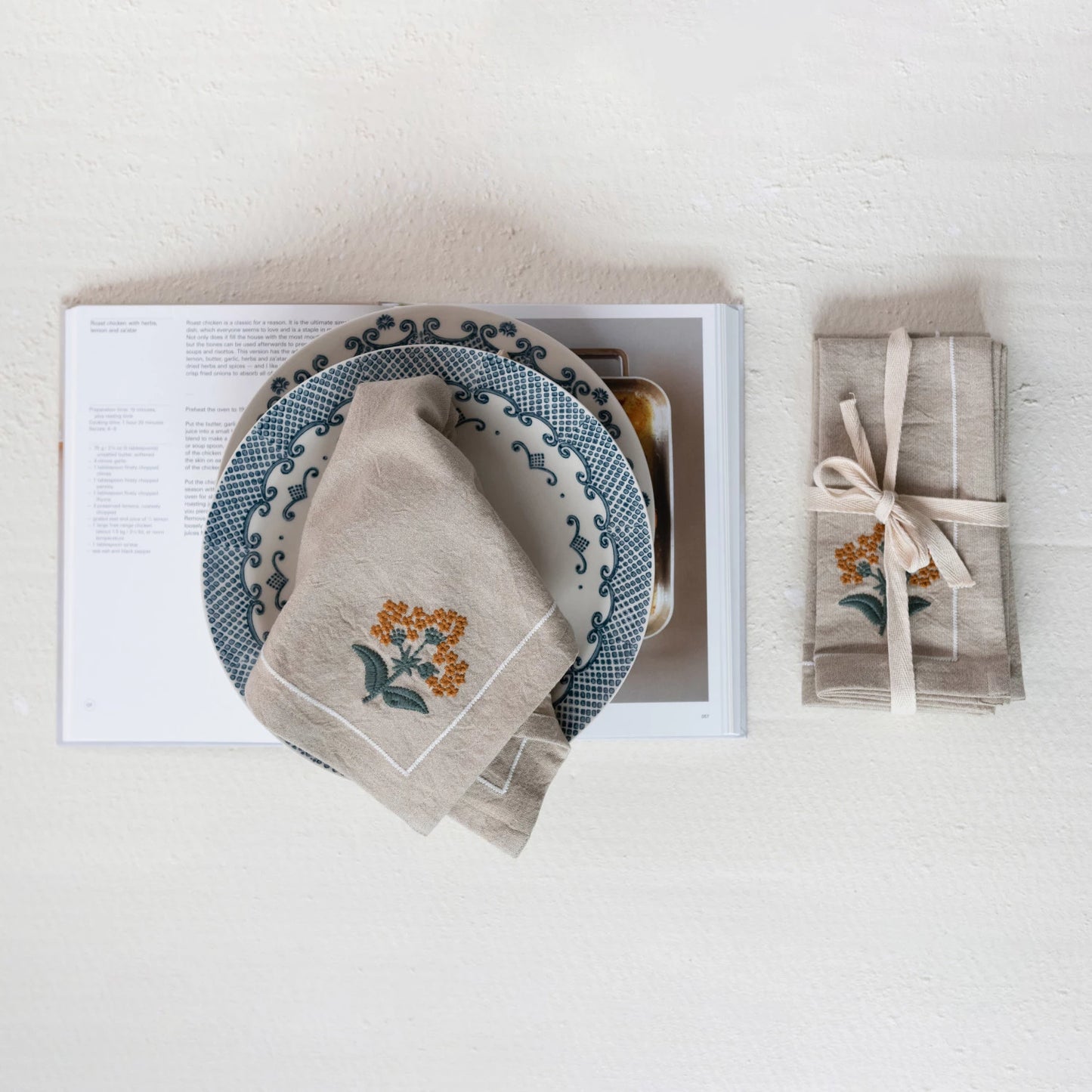 Cotton Napkins with Floral Embroidery & French Knots