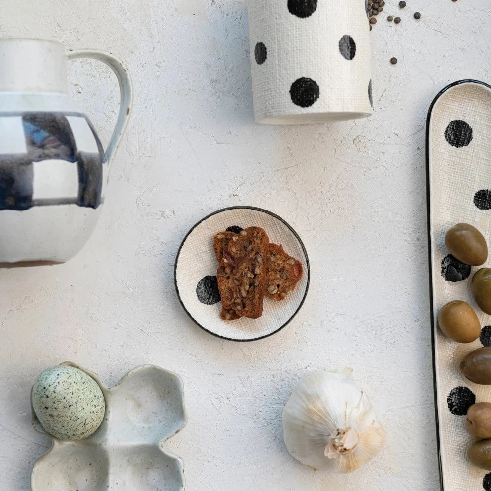 Hand-Painted Stoneware Dish with Dots & Linen Texture