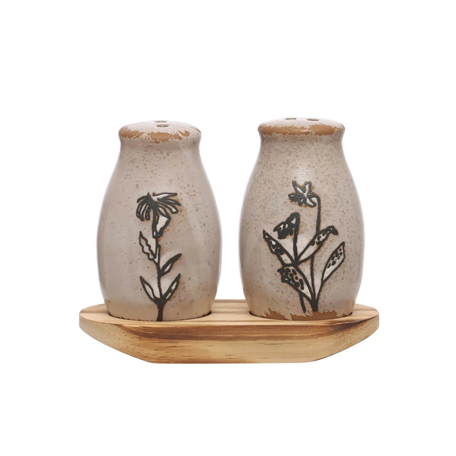 Flora Stoneware Salt & Pepper Shakers with Tray