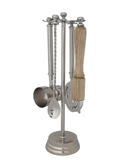 Stainless Steel & Mango Wood Bar Tools Stand | Set of 5