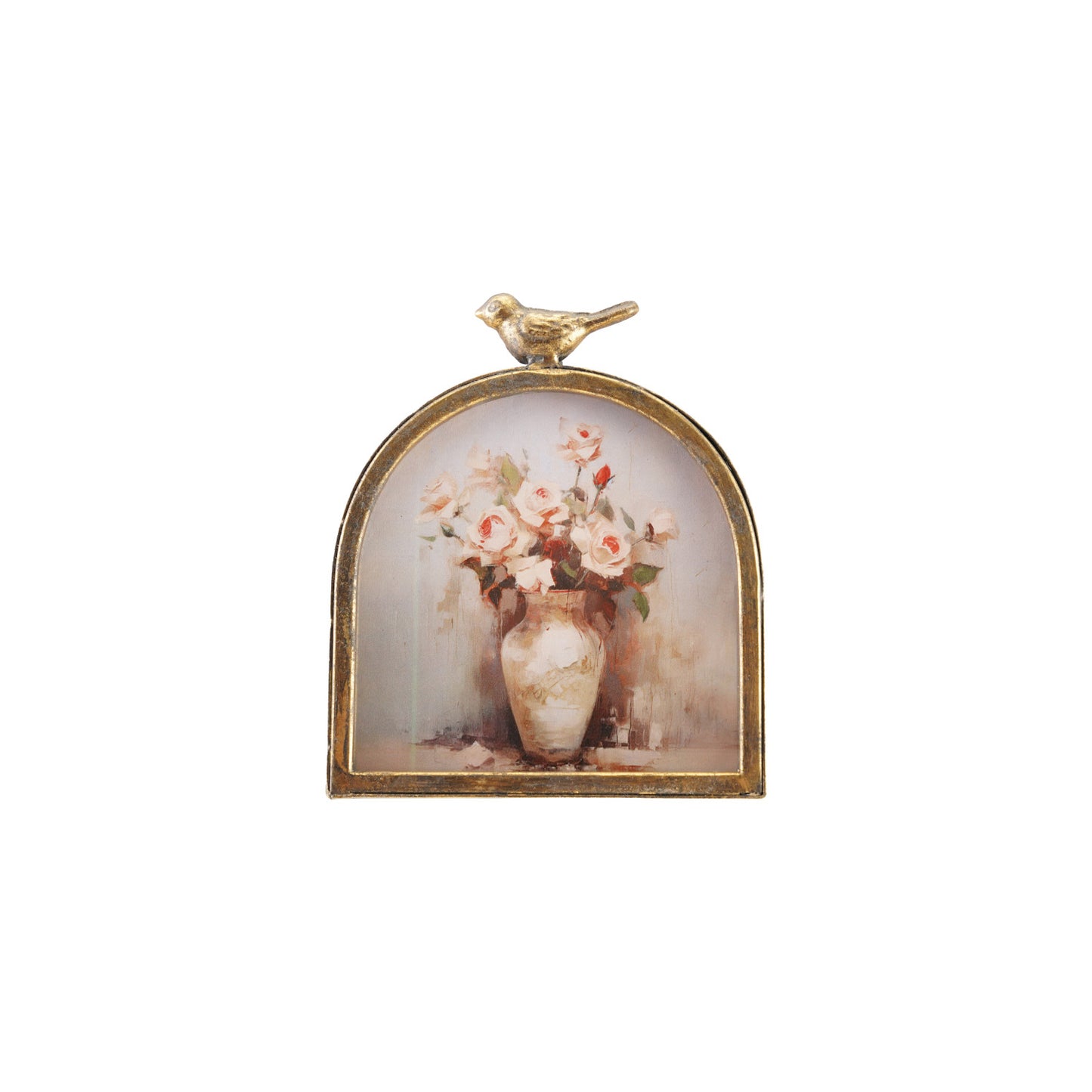 Metal Arched Photo Frame with Bird Finial, Antique Gold Finish (Holds 5" x 5" Photo)