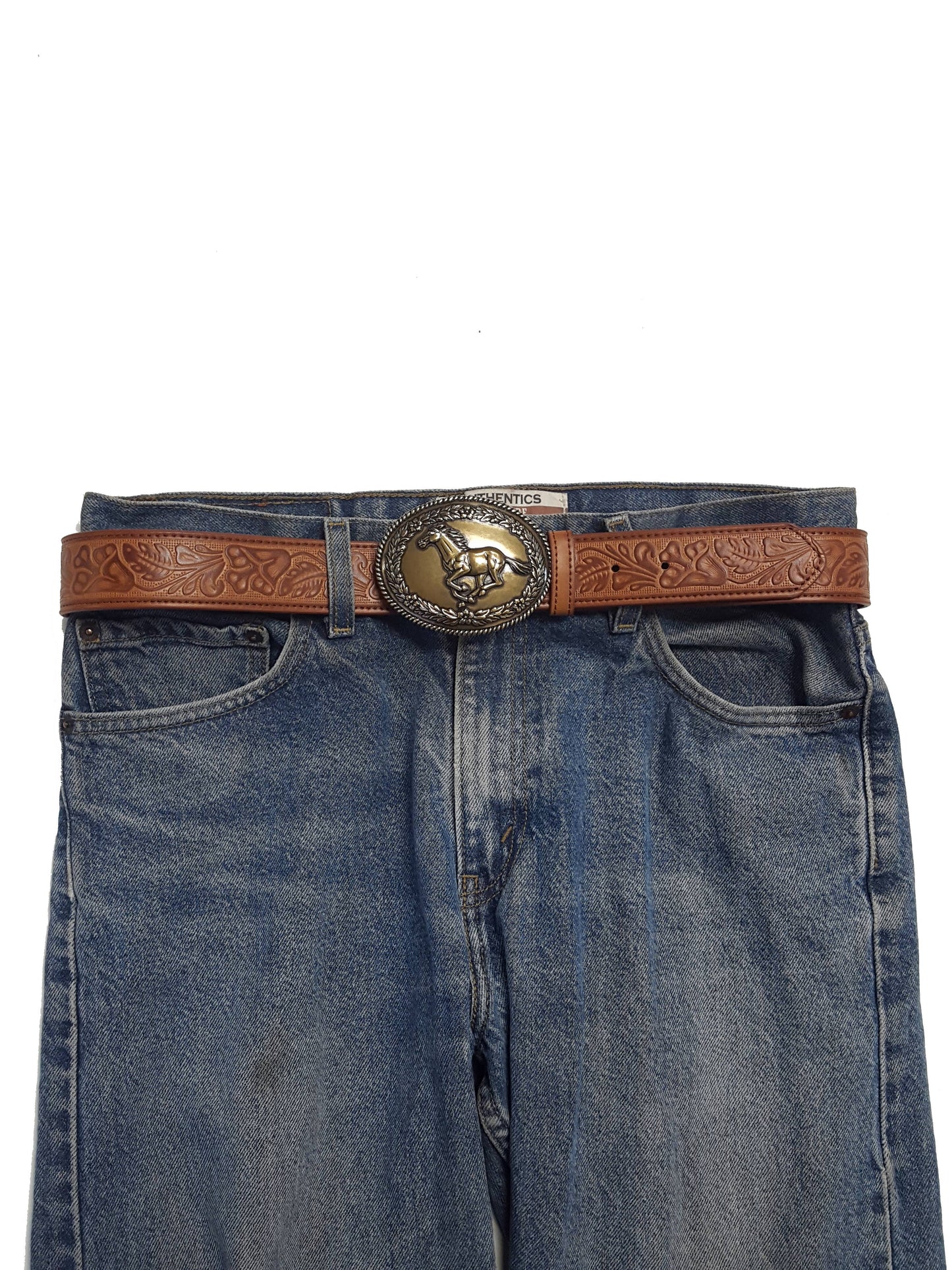 Floral Tooled Belt With Galloping Horse Buckle