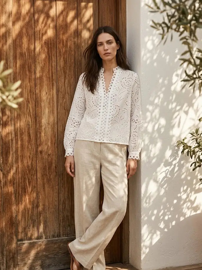 Eyelet Cotton V-Neck Blouse
