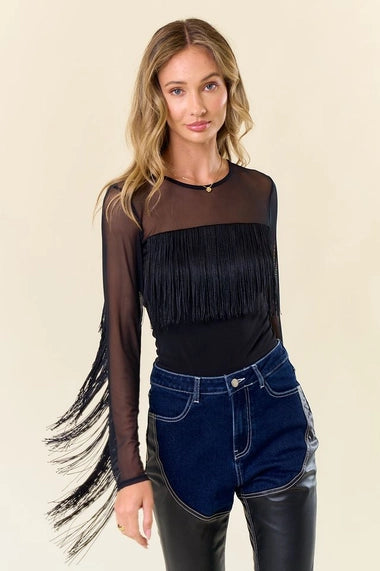 Long Sleeve Fringed Mesh Top