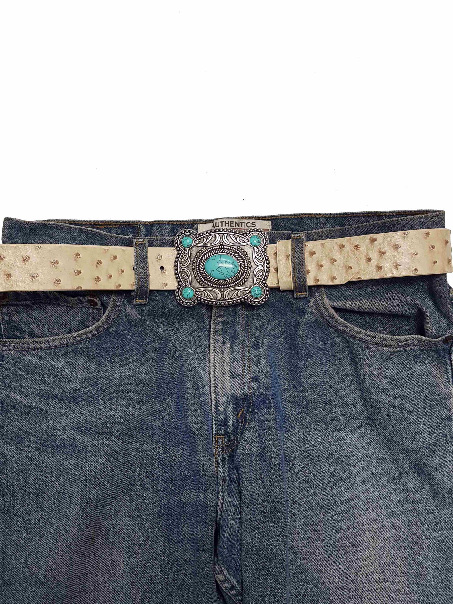 Western Silver Turquoise Buckle w. Ostrich Belt