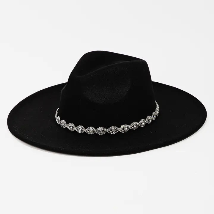 Rhinestone Chain Twist Strap Fedora Hat Black