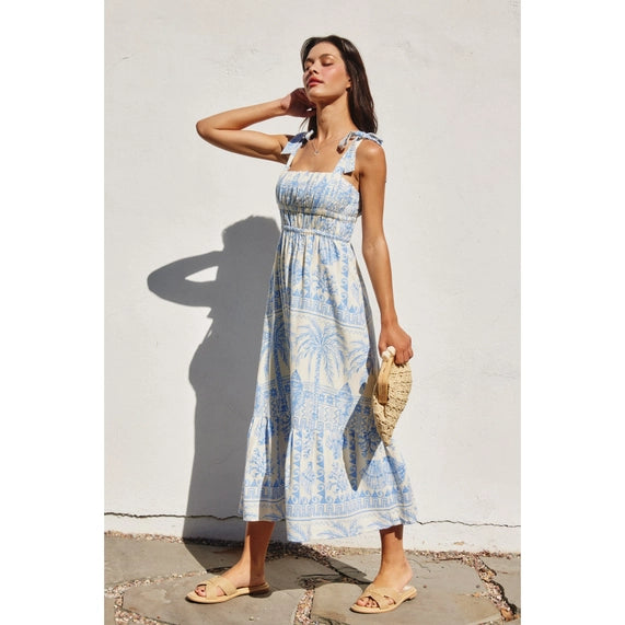 Seascape Shirred Fit and Flare Midi Dress