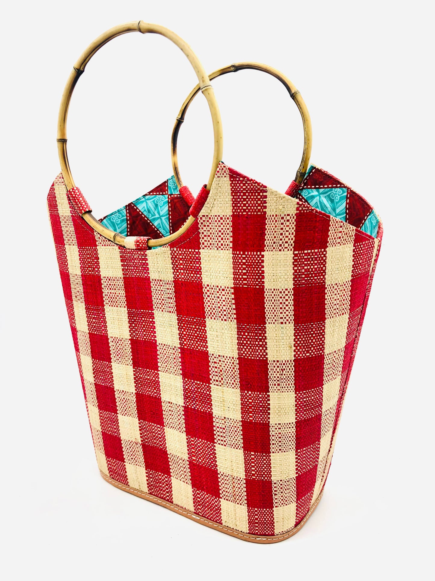 Carmen Gingham Straw Bucket Bag with Bamboo Handles