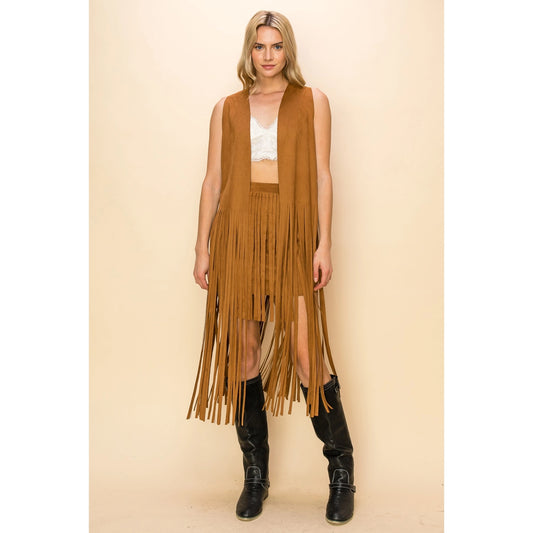 Faux Suede Cowgirl Long Fringe Sleeveless Cardigan