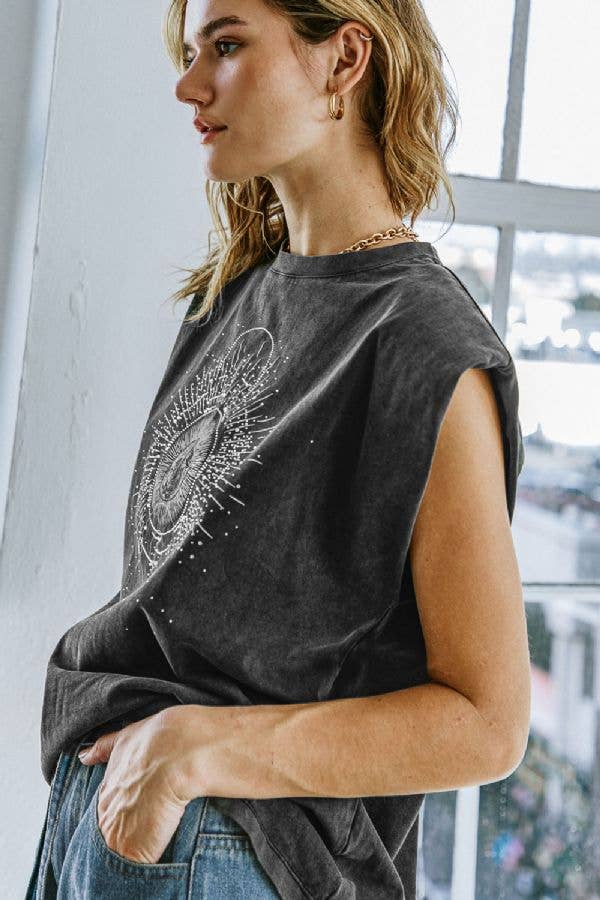 Sleeveless Washed Top With Rhinestones