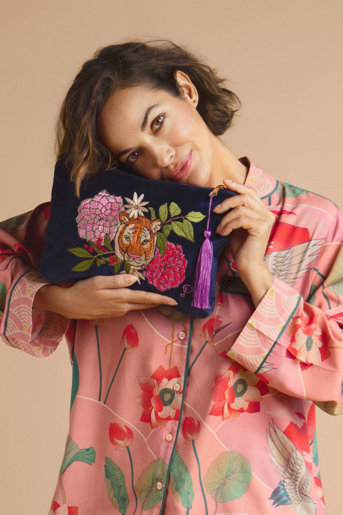 Velvet Zip Pouch | Floral Tiger Face