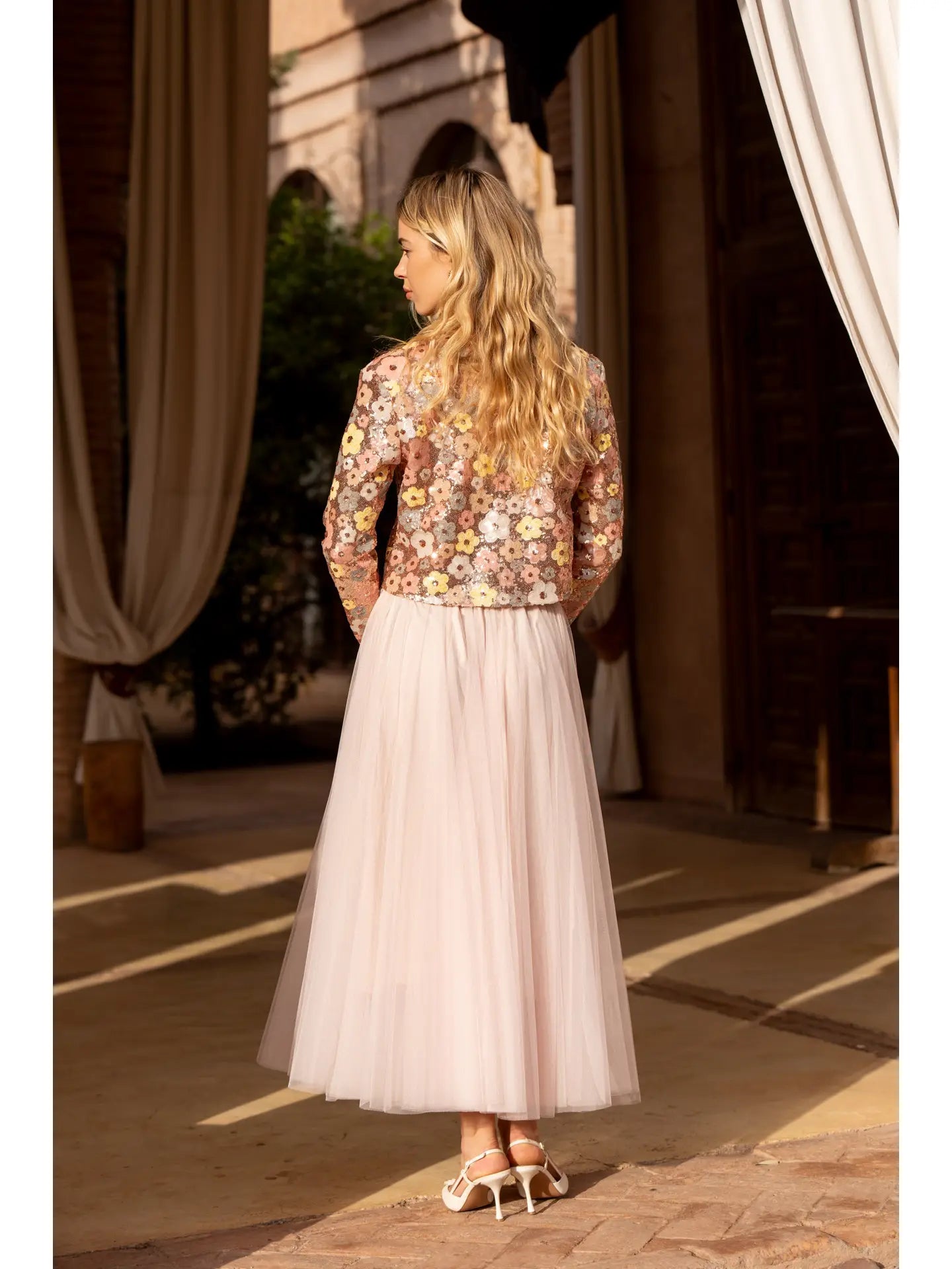 Multicolored Floral Pattern Sequin Jacket Rosé - Pink
