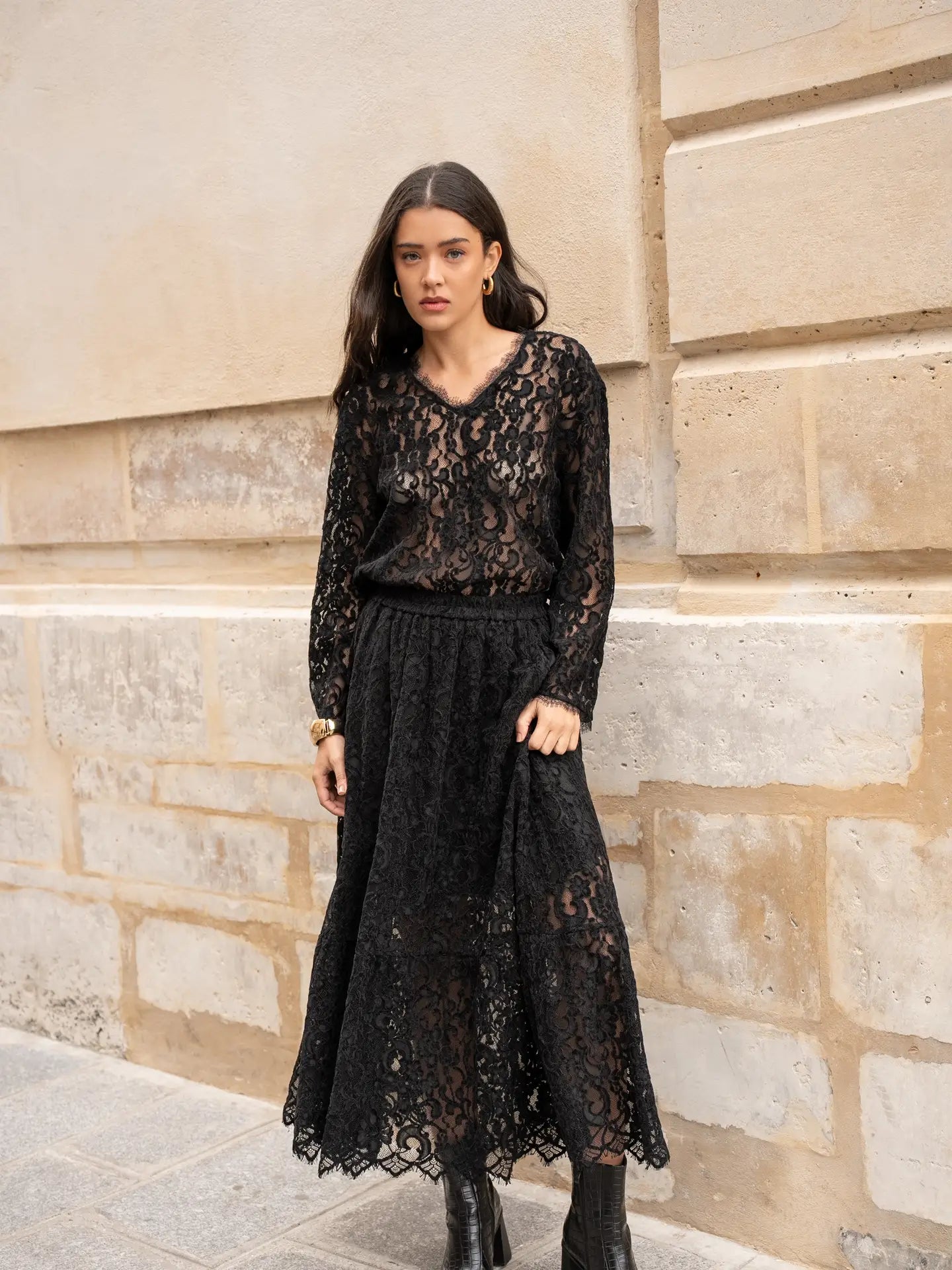 Maël Lace Skirt with Godets - Taupe