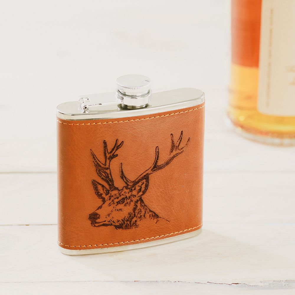 Leather Hip Flask - Stag