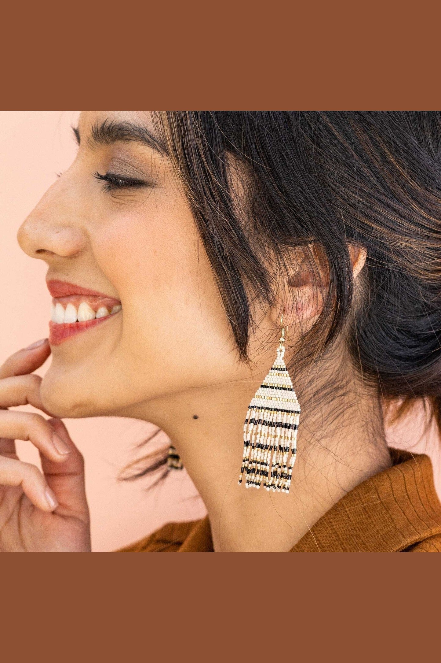 Lexie Horizontal Gold Lines Beaded Fringe Earrings