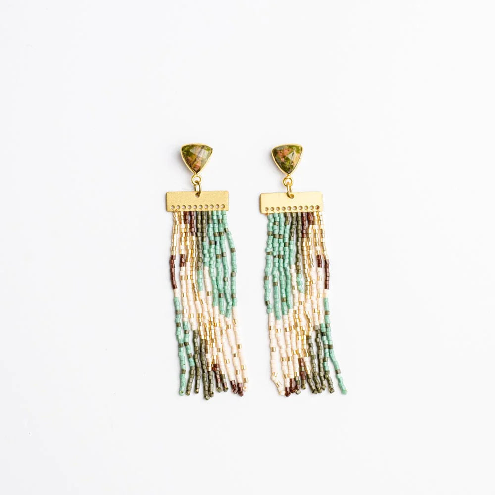 Lilah Semi-Precious Stone Post With Organic Shapes Beaded Fringe Earring