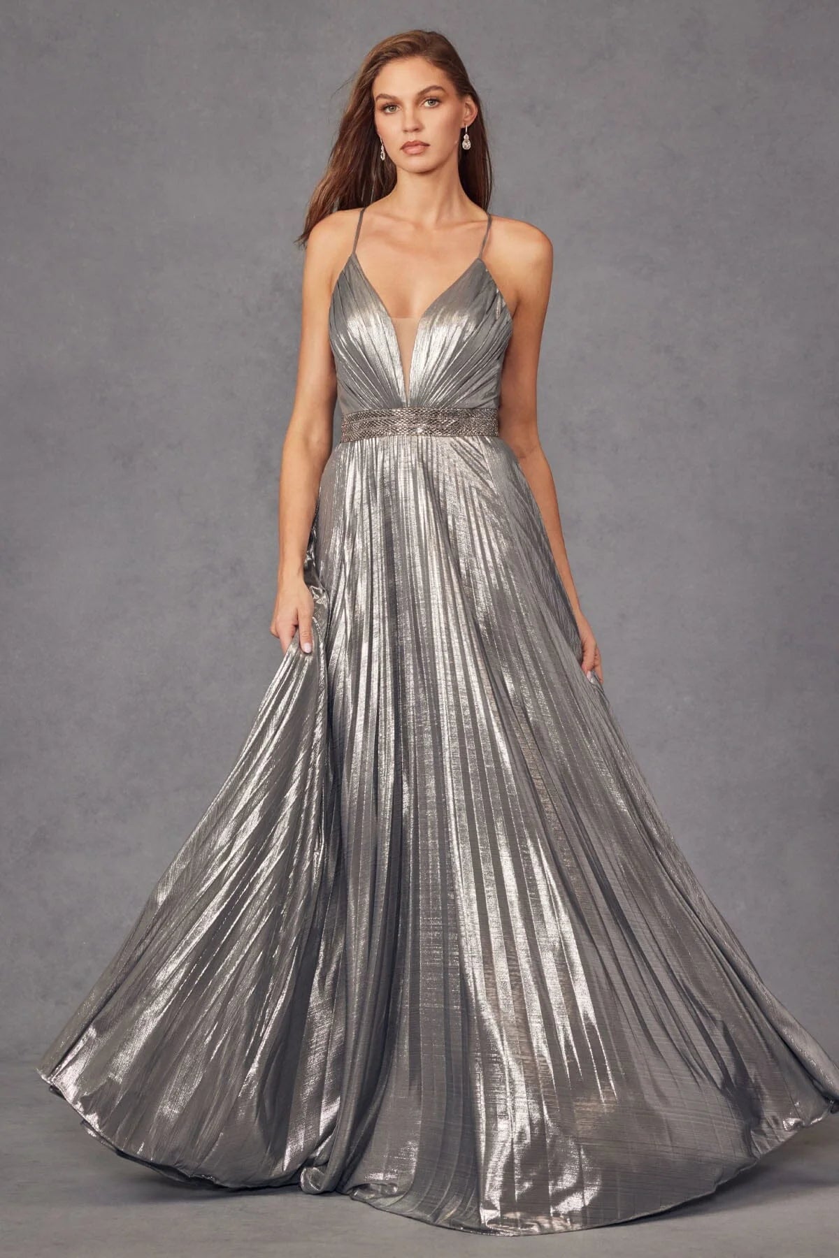 Pleated Metallic V Neck Evening Gown