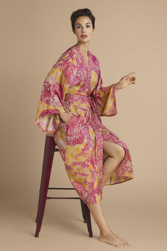 Tropical Toile Kimono Gown - Pineapple and Raspberry