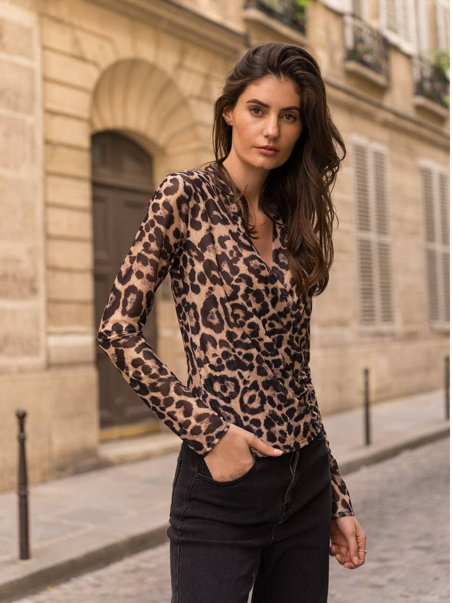 Leopard Mesh Wrap Top
