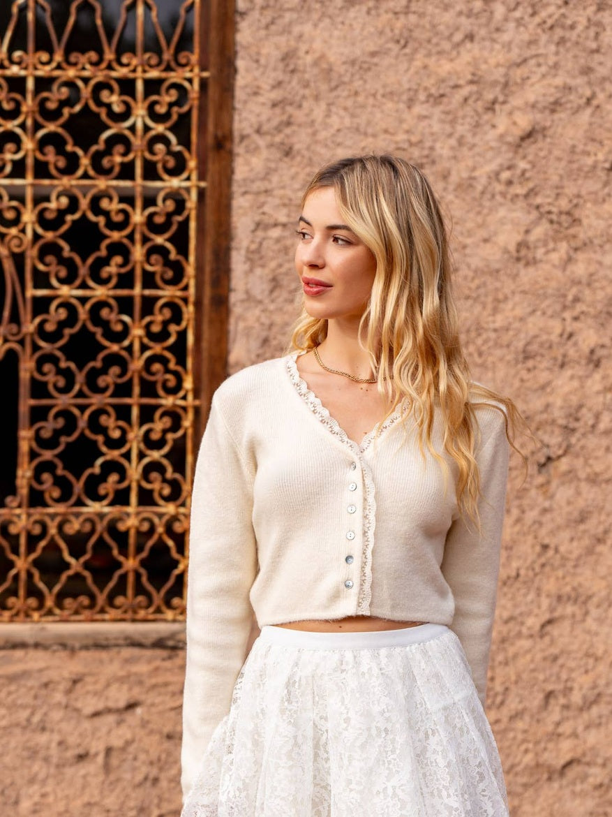 Molly Knit Cardigan with Lace Neckline | Ecru