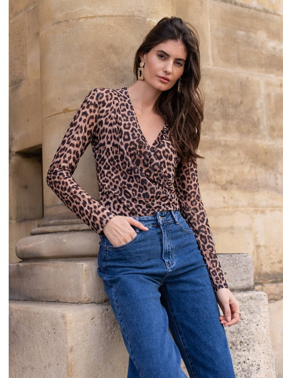 Leopard Mesh Wrap Top