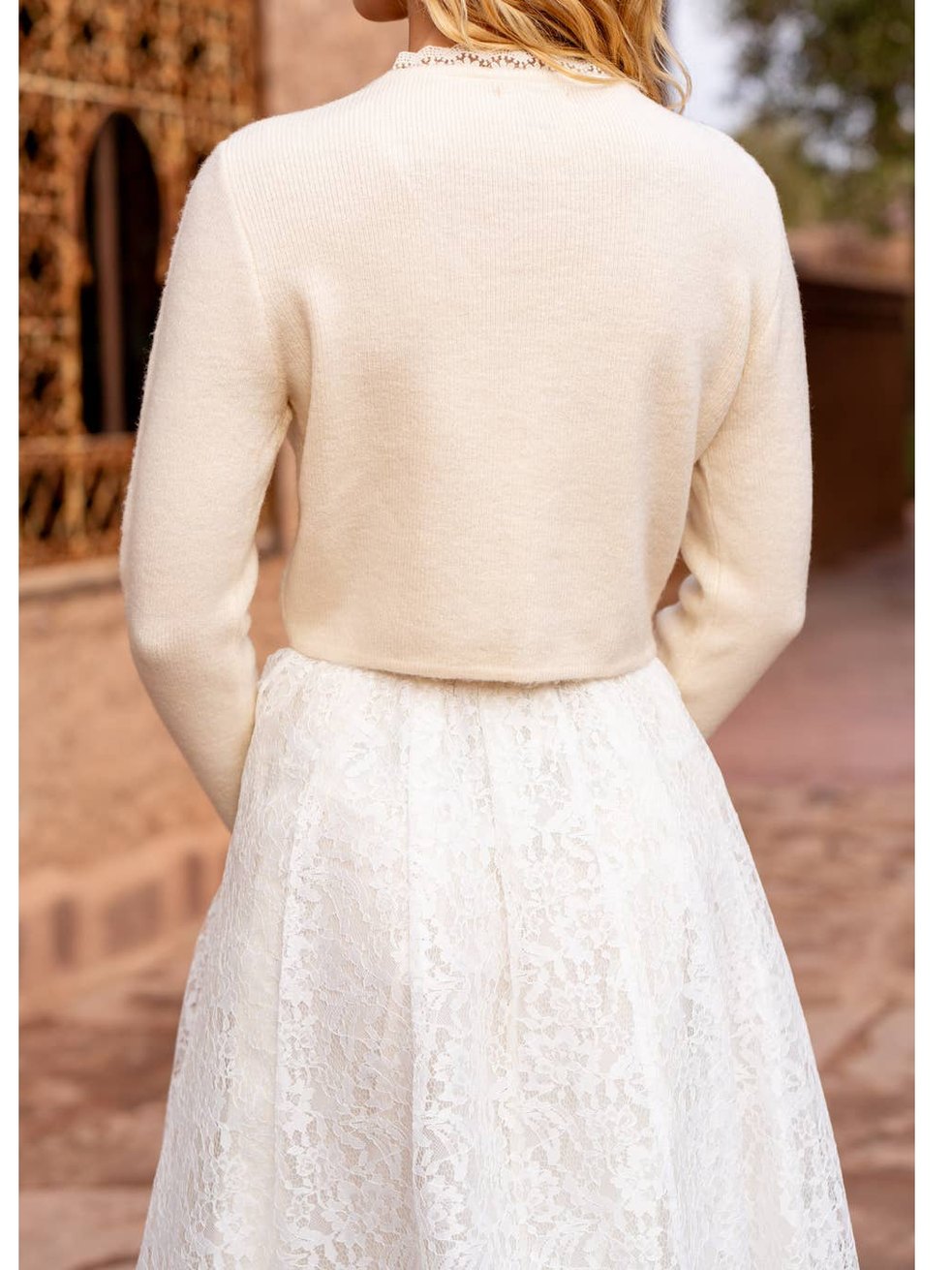 Molly Knit Cardigan with Lace Neckline | Ecru