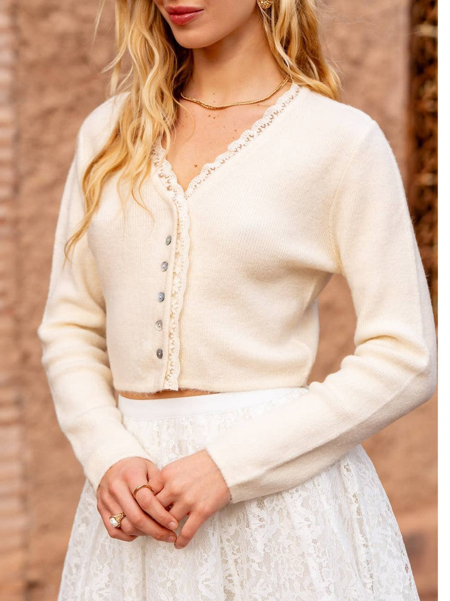 Molly Knit Cardigan with Lace Neckline | Ecru