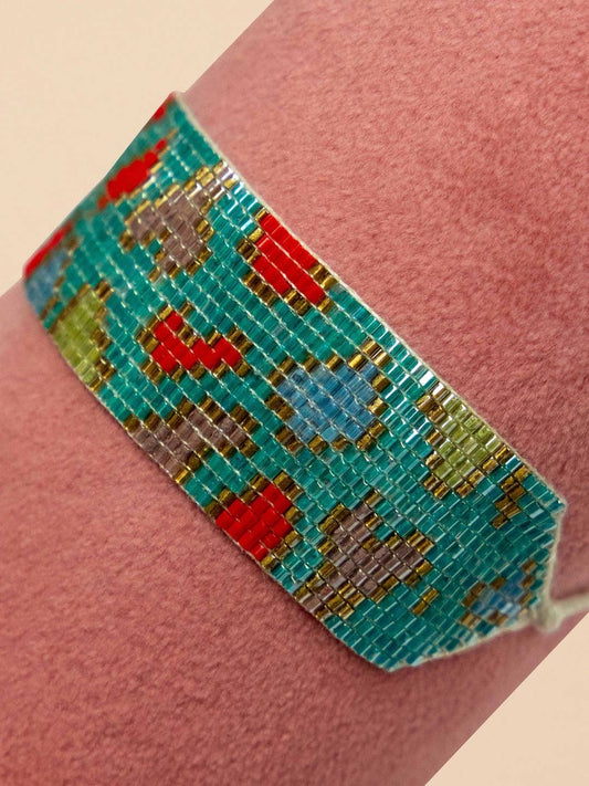 Beaded Bracelet Wide - Leopard, Aqua