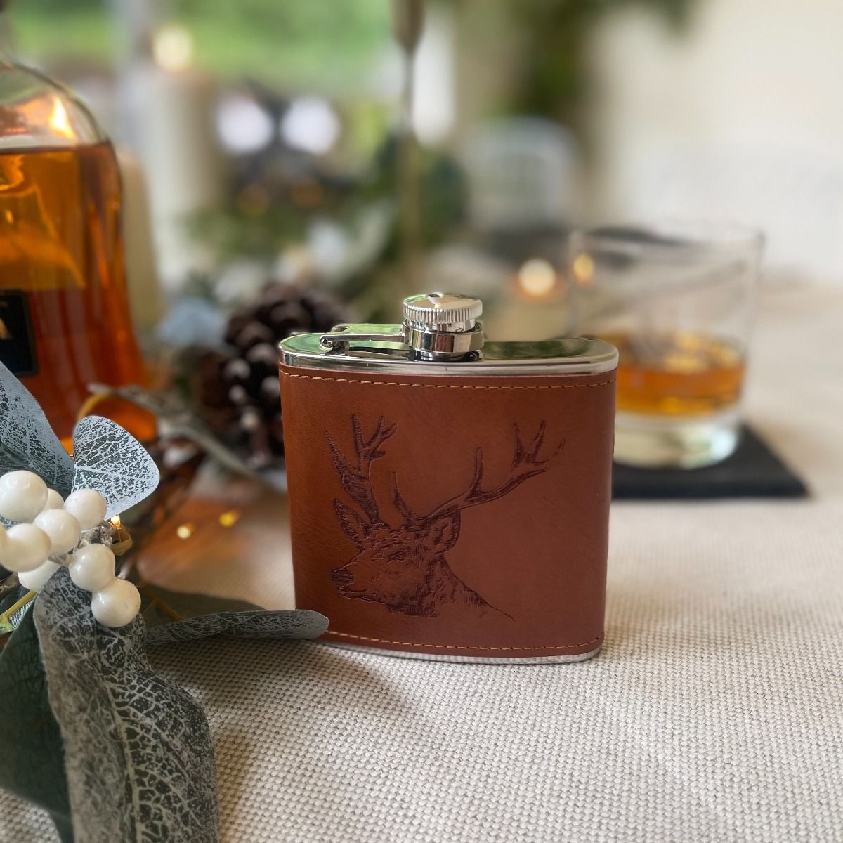 Leather Hip Flask - Stag