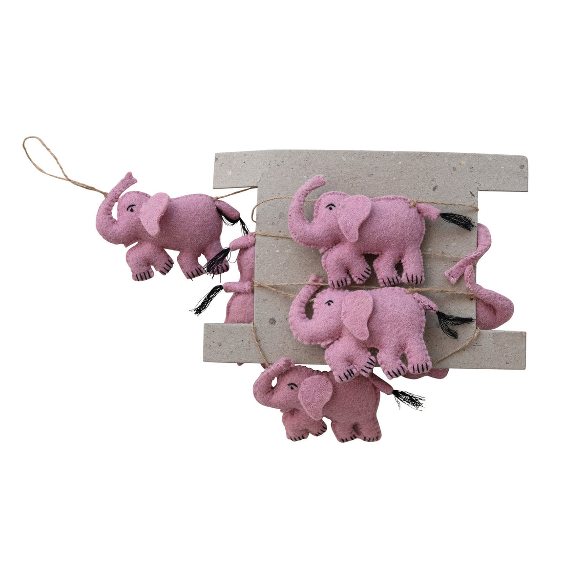 Handmade Wool Felt Pink Elephant Garland with Jute Cord