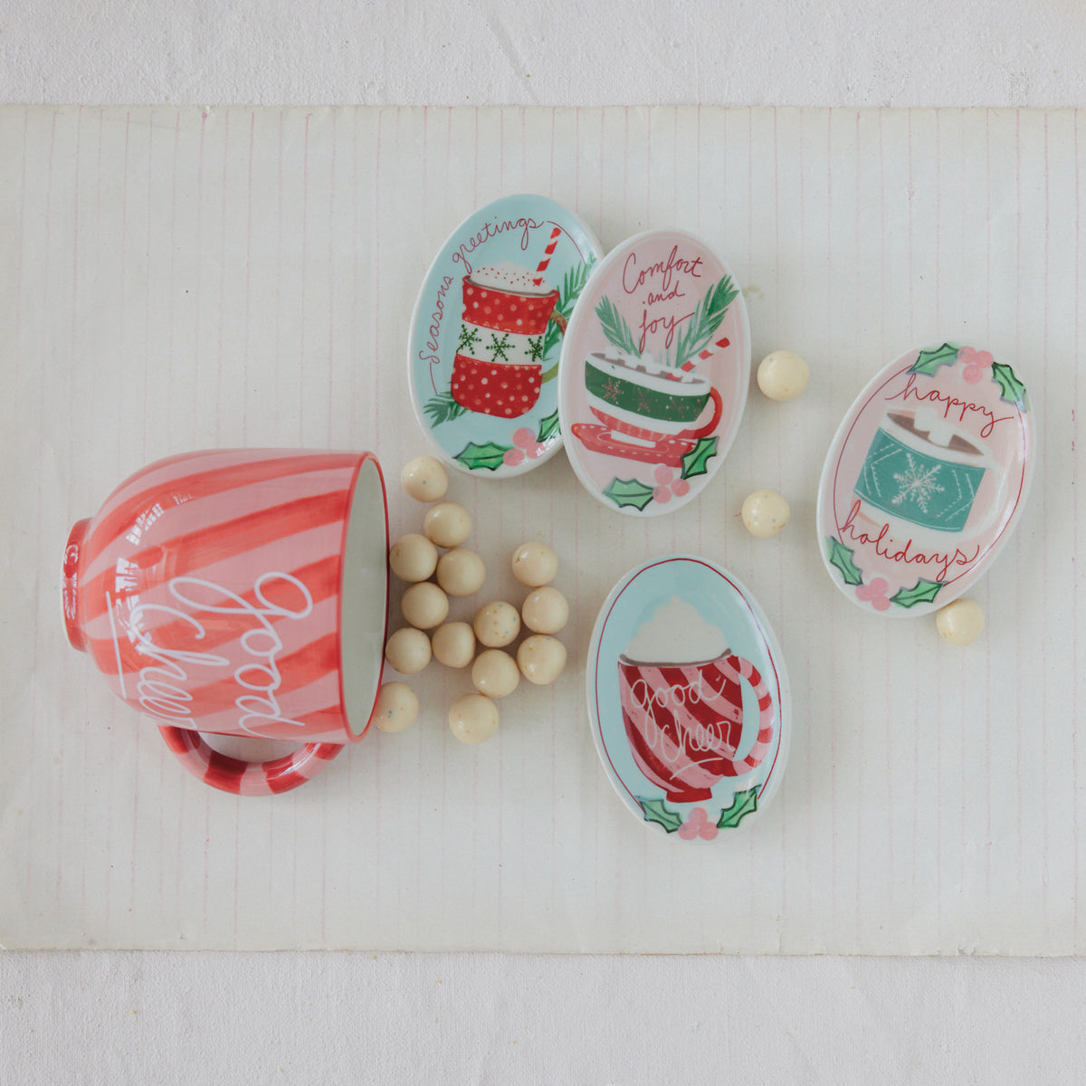 Hand-Painted Stoneware Dish with Holly, Hot Chocolate & Holiday Saying, 4 Styles