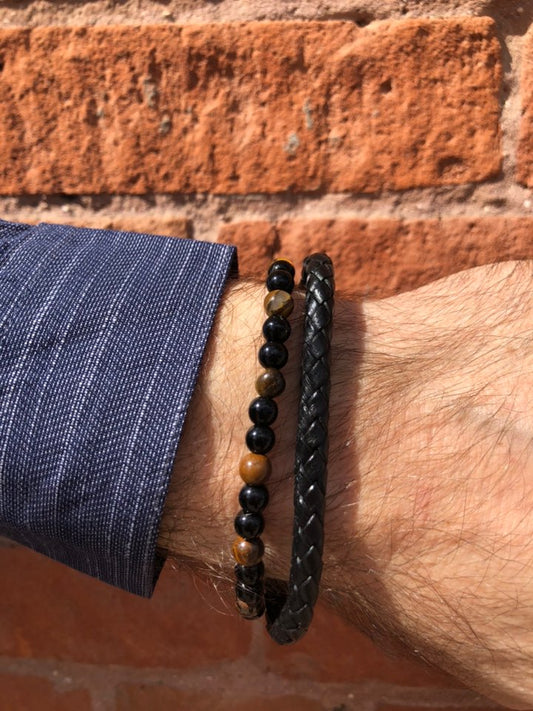 Men's Leather Bracelet with Stones