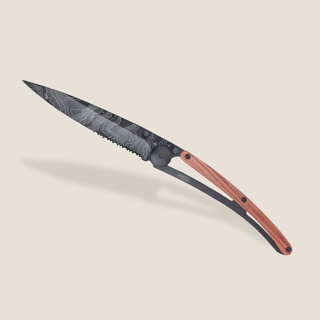 Deejo Serrated 37G Coral Wood / Topography Pocket Knife