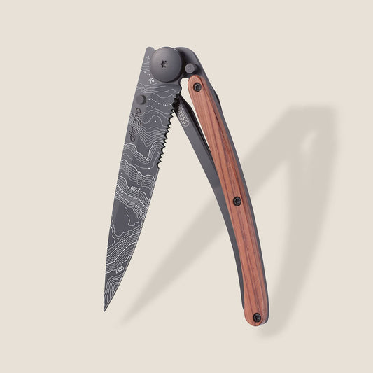 Deejo Serrated 37G Coral Wood / Topography Pocket Knife