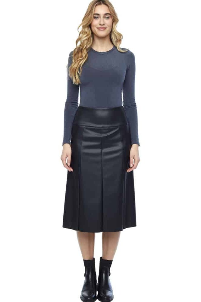 Gal Vegan Leather Midi Skirt- Black & Taupe
