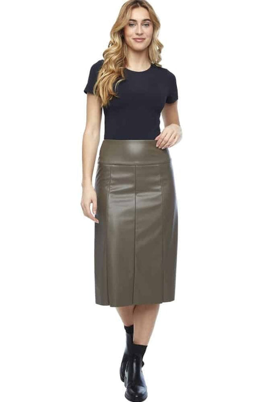 Gal Vegan Leather Midi Skirt- Black & Taupe