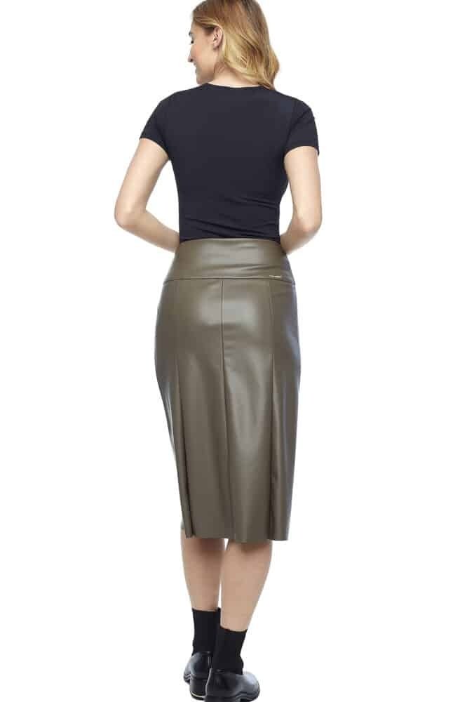 Gal Vegan Leather Midi Skirt- Black & Taupe