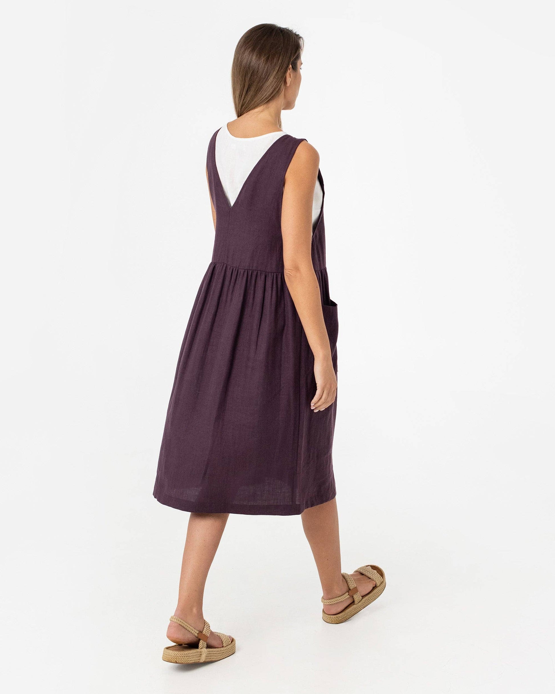 Pinafore linen dress ROATAN in Dark purple