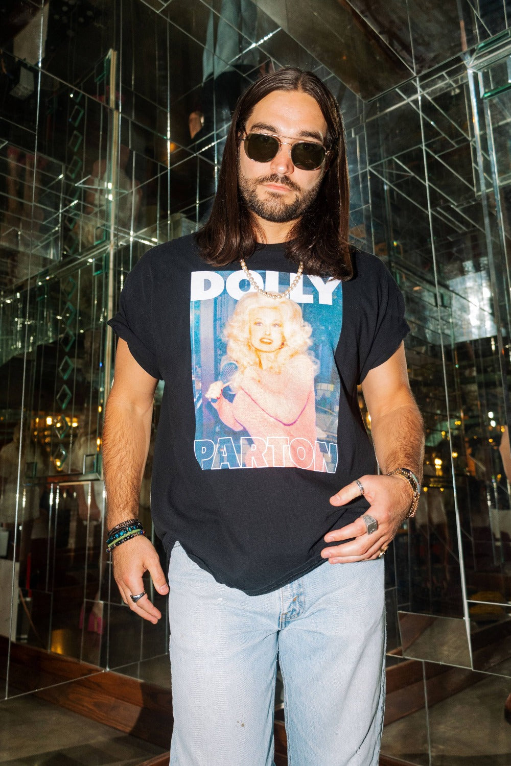 Dolly Parton in Pink | Black Thrifted Distressed Tee