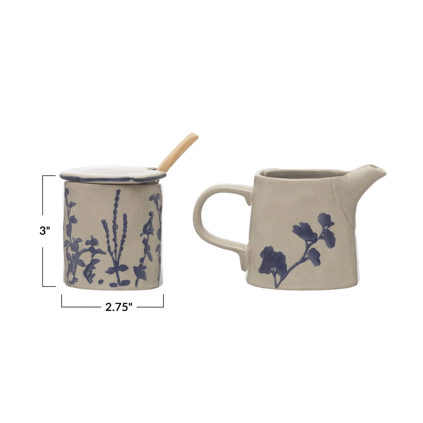 Stoneware Set - Sugar Pot, Lid, Wood Spoon & Creamer