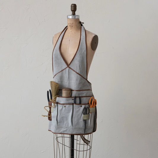Recycled Canvas Apron with Leather Trim & 6 Pockets