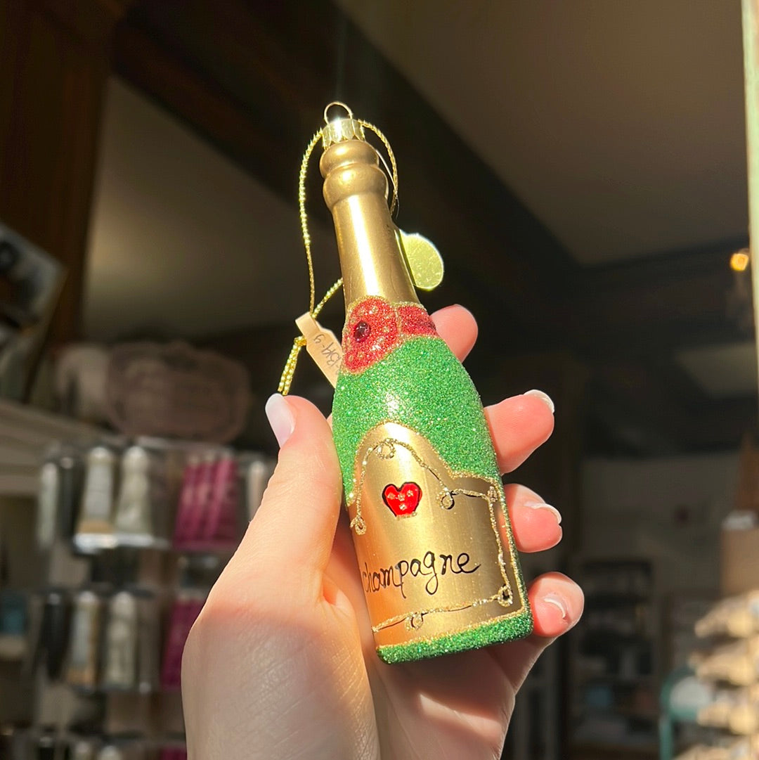 Green Glittered Champagne Ornament