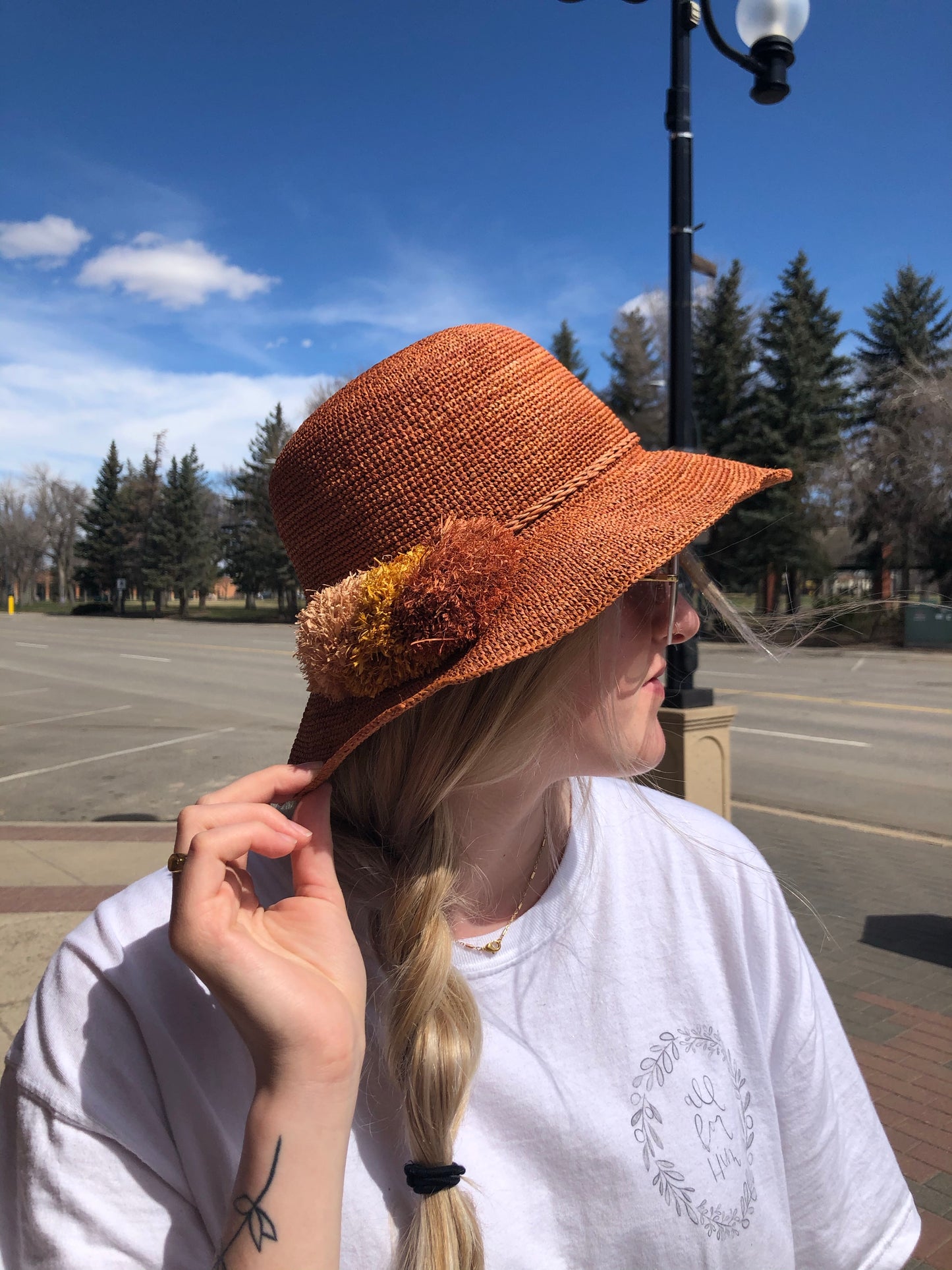 Straw Hat with Straw Pom Poms
