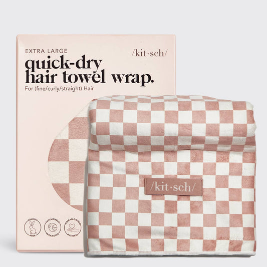 Extra Large Quick-Dry Hair Towel Wrap | Terracotta Checker